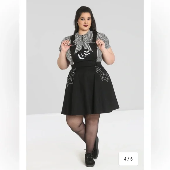 Hell Bunny Miss Muffet Pinafore Black Dress with Spider Web and Bat Design - Picture 2 of 6
